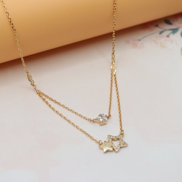 "Double-Layered Rose Gold Necklace with Sparkling Star Charms, XPNL0152 - Picture 6 of 12
